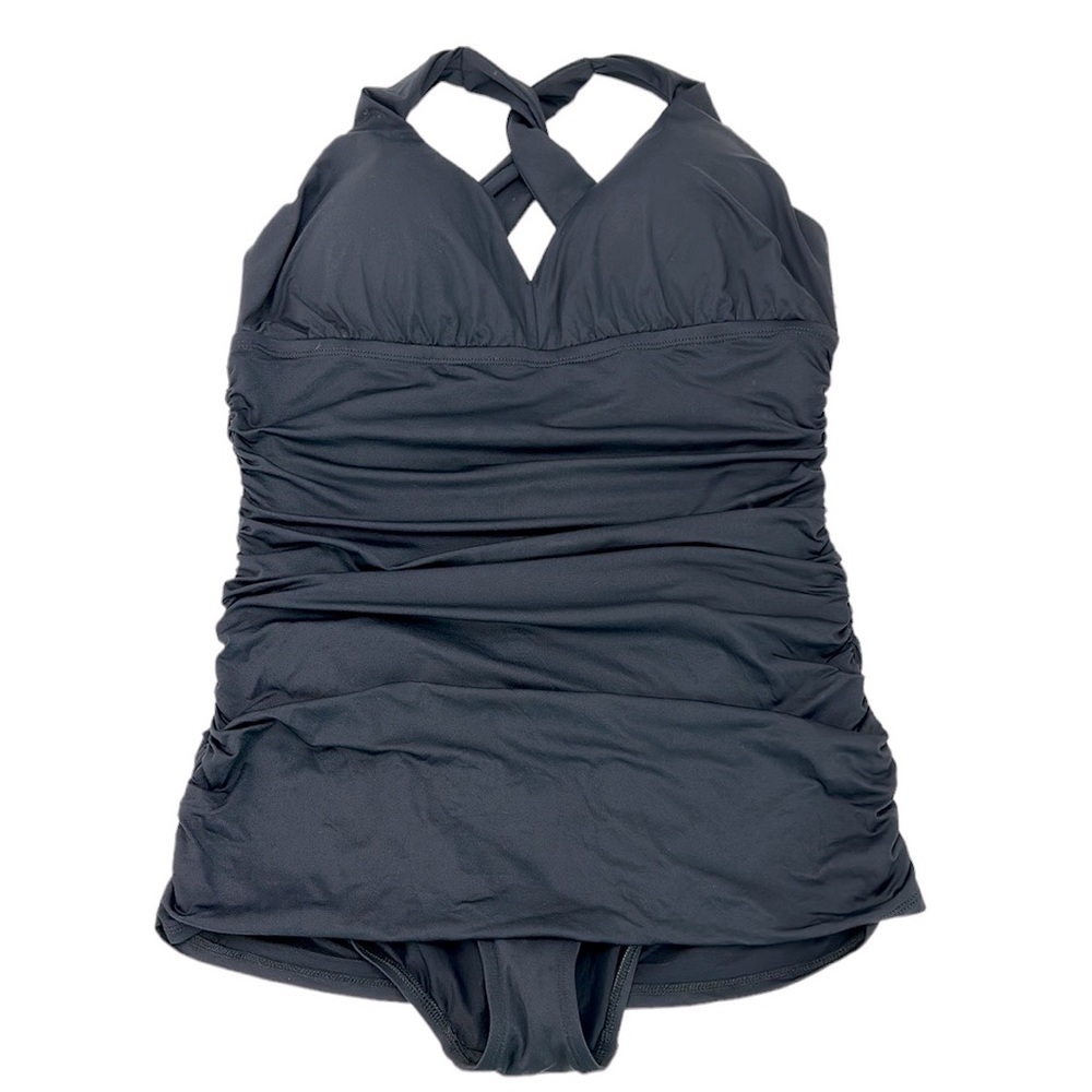 Lauren Ralph Lauren Navy Black Ruched Cross-Back One-Piece Swimsuit